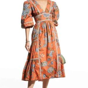 NWT Anthropologie Love the Label Mabel Puff Sleeve Floral Wanda Orange, Small